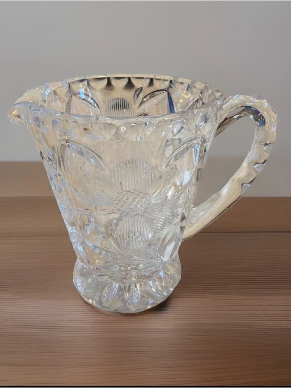 Cut Glass Crystal-Style Creamer Pitcher in Clear W Flower Etching 3 3/4” High
